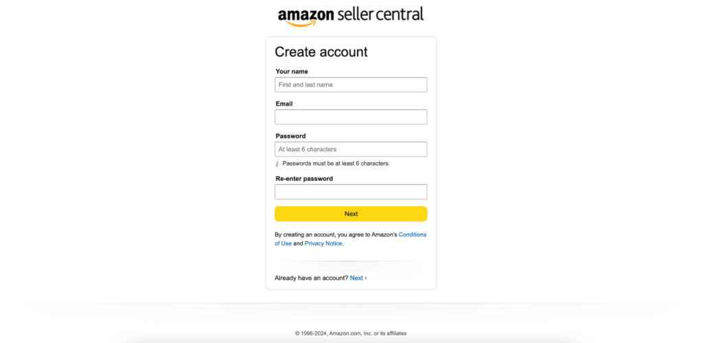 Amazon Seller Central setup homepage showing start selling button