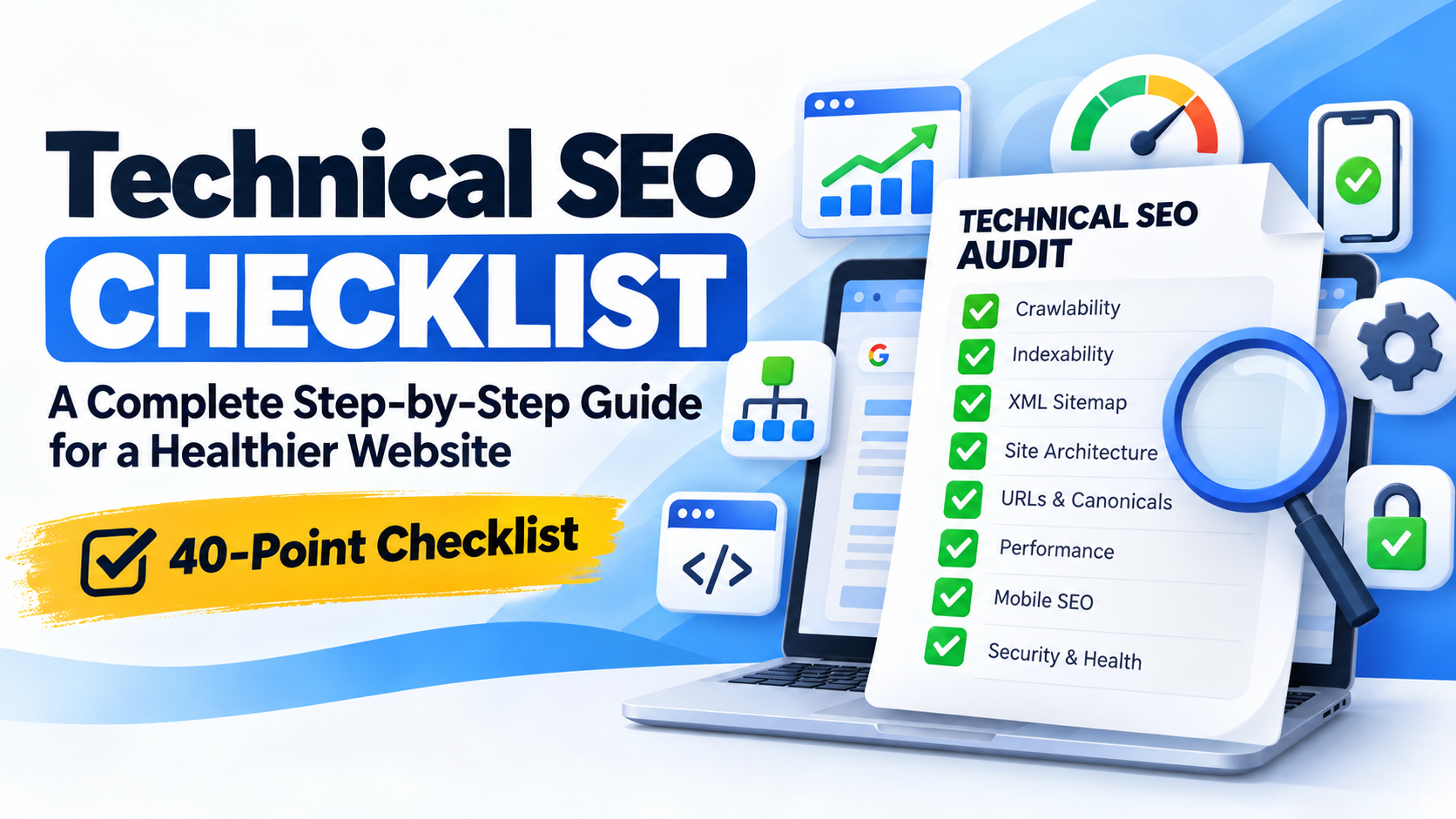 Technical SEO checklist showing 40-point website audit covering crawlability, indexability, sitemap, site architecture, performance, mobile SEO and security